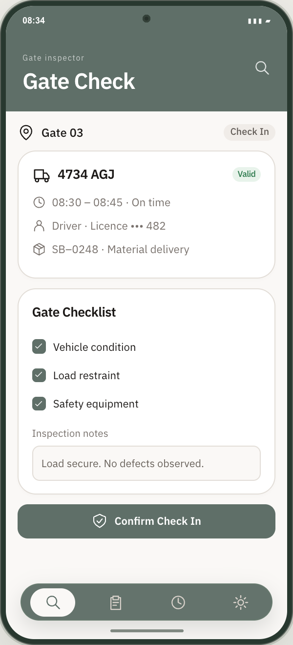 The gate inspector app with the expected delivery and its driver, vehicle and load checks.