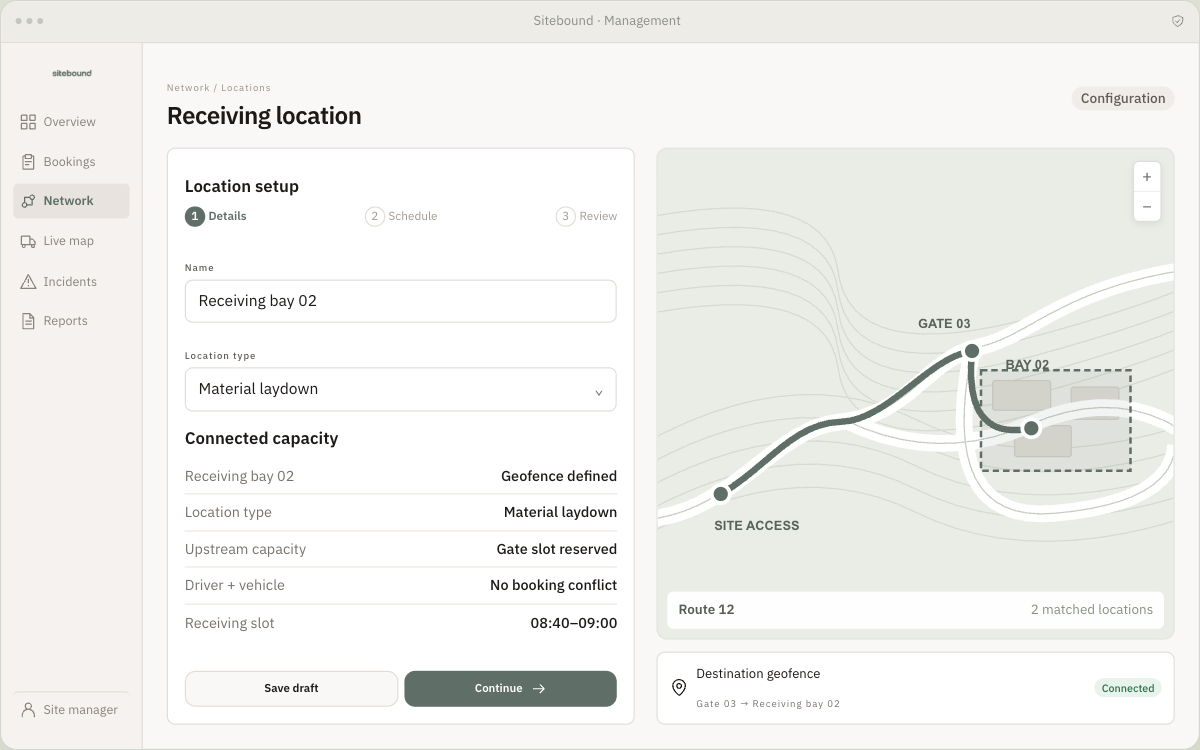 A receiving location with its booking window, capacity and delivery details in the management workspace.