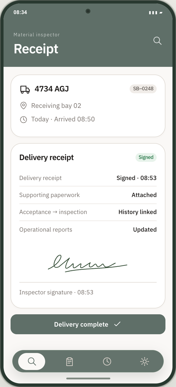 The receiving inspector app with a completed delivery receipt and signature. Example delivery data.